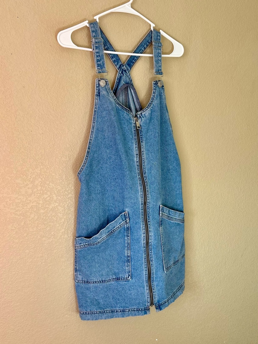 Top Shop Denim Zip-Front Pinafore Mini Dress in Medium Blue Size 10L - Picture 3 of 10